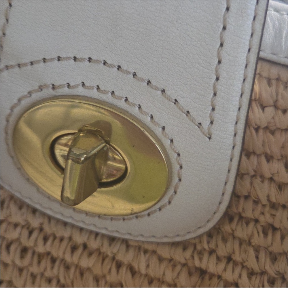 Coach Hampton Leather and Straw Tote with White Trim and Floral Appliqués - Picture 15 of 15